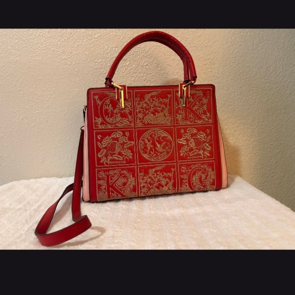 Red Embroidered Top-Handle Crossbody Bag